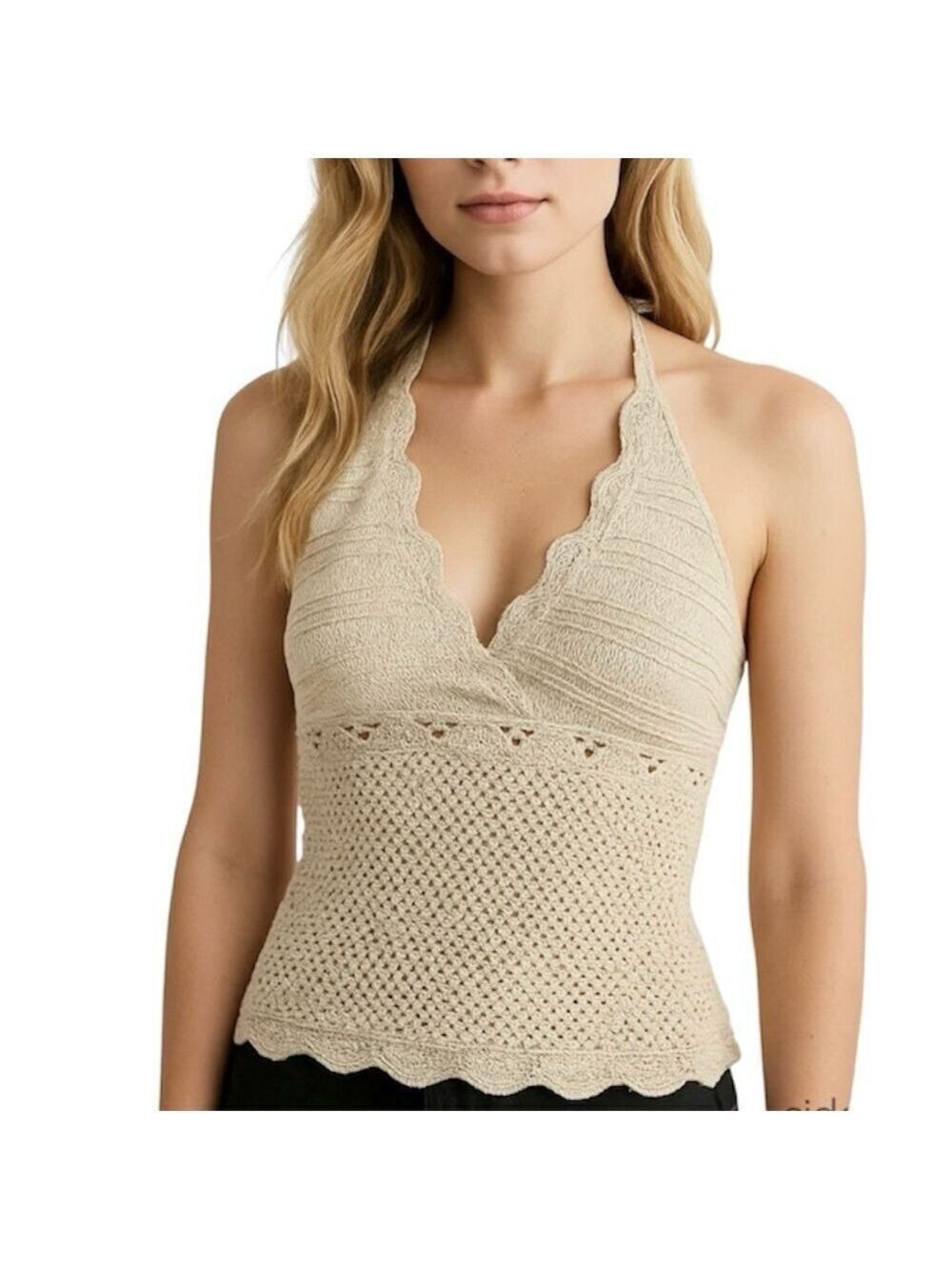 Vintage 90s oatmeal beige open knit crochet neutral halter tie neck top M